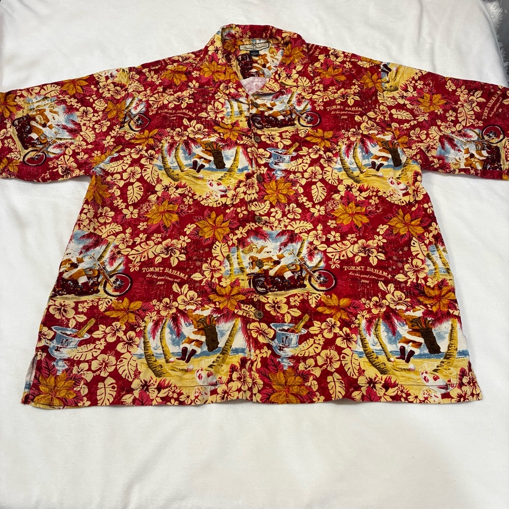 Vtg Tommy Bahama 100% Silk Santa Motorcycle Christmas Shirt 2006 Limited Ed XL
